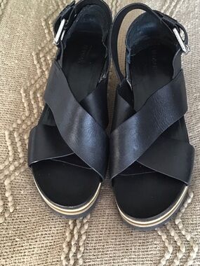 RUDSAK Black Leather Crisscross Platform Sandals with Gold Trim